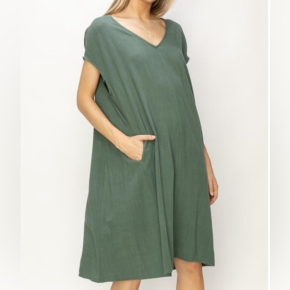 HYFVE V Neck Oversized Linen Midi Dress in Gray Green Very relaxed and comfy! - Picture 3 of 5